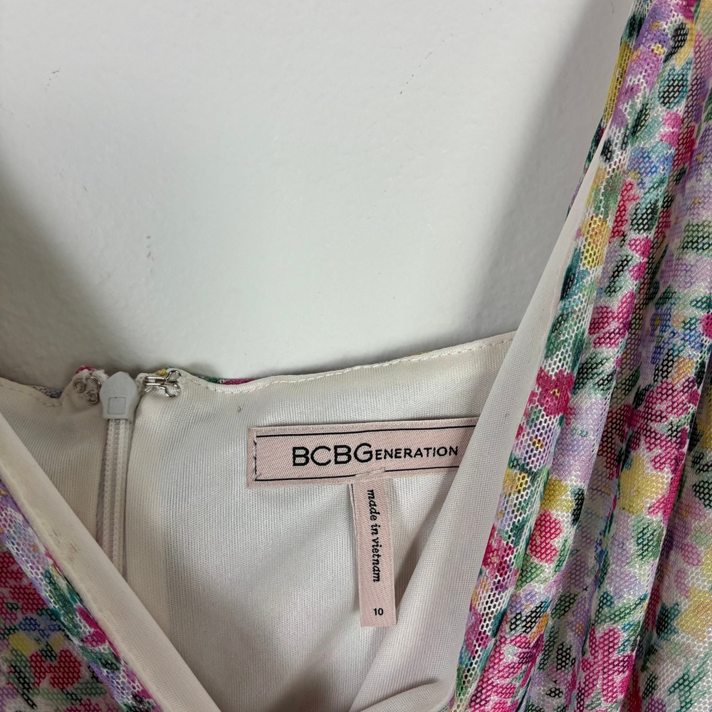 BCBGeneration‎ Floral Mesh Ruched Mini Dress Women's 10 Summer Party Going Out - Picture 4 of 6